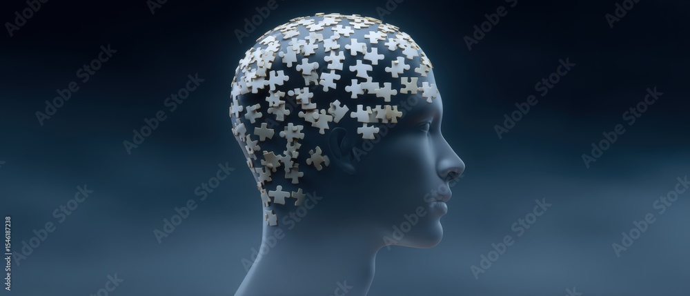 Obraz premium Exploring the concept of identity through puzzle pieces digital realm abstract art dark environment side profile cognitive representation