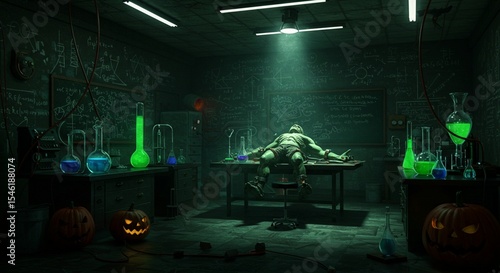 Dark green laboratory experiment halloween scene spooky monster anatomy science fiction 3d art body