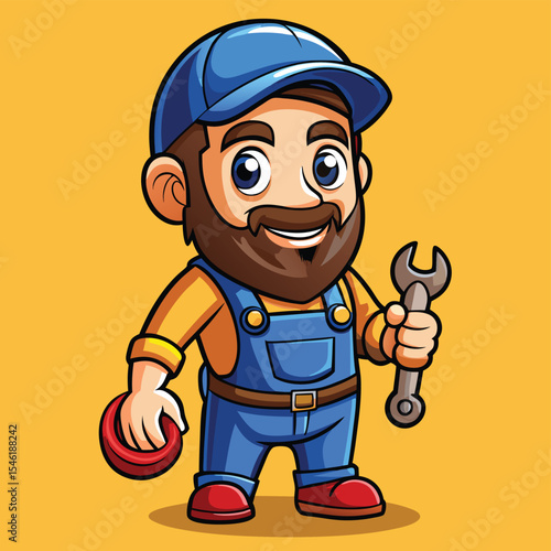 Cartoon Mechanic Character with Wrench – Happy Repairman Logo Illustration