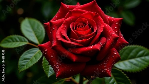 red rose with water droplets.Velvety Red Rose with Dew Drops: A Symbol of Love and Beauty.