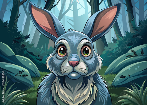 Scared rabbit with flattened ears and wide pupils in forest expressive animal vector illustration perfect for educational materials, storybooks, or emotional character design use