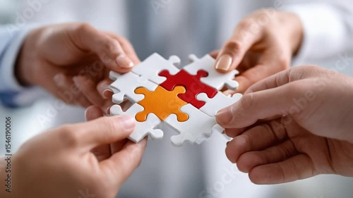 Wallpaper Mural Puzzle Unity: A team of individuals collaborates to assemble the final pieces of a complex puzzle, symbolizing unity, cooperation, and the attainment of a shared objective. Torontodigital.ca