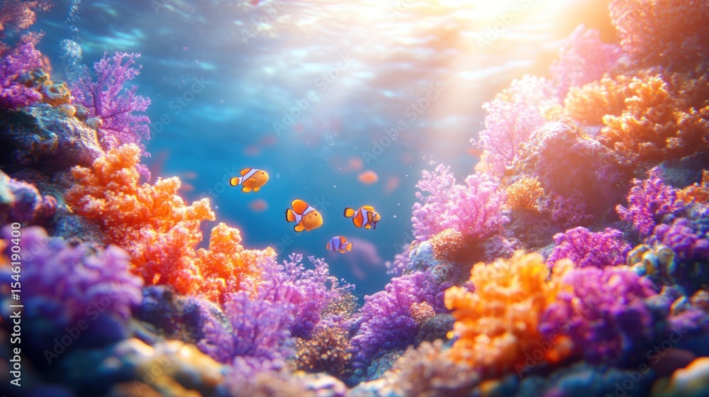 Fototapeta premium Vibrant coral reef teeming with colorful fish.