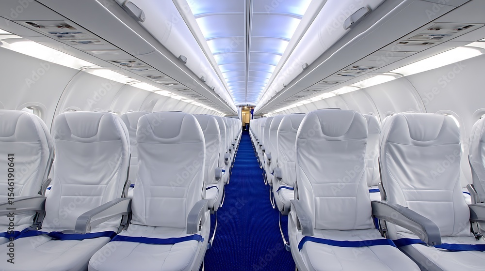 Obraz premium The interior of an airplane features white seats and blue carpeting, with rows of seats on both sides of the aisle .