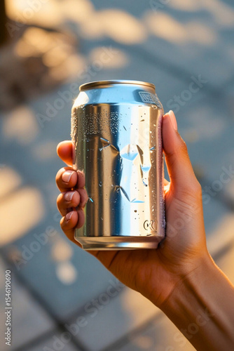 Hand Holding Silver Drink Can with Water Droplets in Sunlight