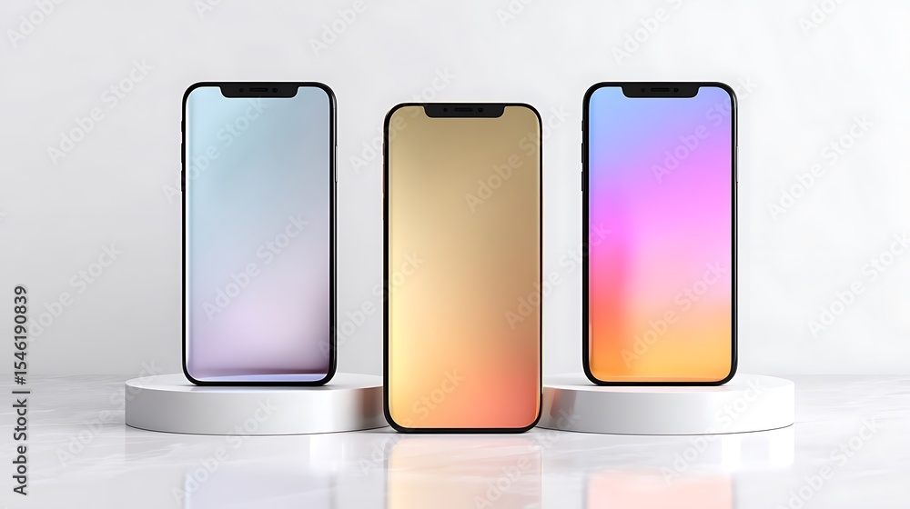 Three Modern Smartphones Mockup on White Background Elegant and Futuristic Devices in Pure Simplicity, Showcasing Latest Design Trends at Twilight . Three Modern Smartphones Mockup on White Background Elegant and Futuristic Devices in Pure Simplicity, Showcasing Latest Design Trends at Twilight .