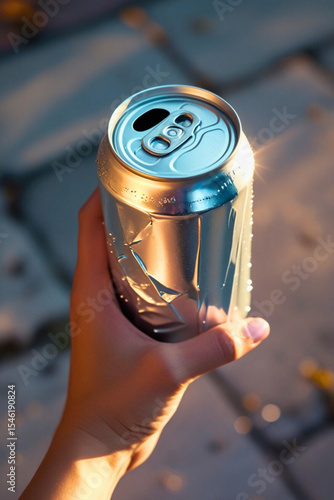 Hand Holding Golden Drink Can with Artistic Lighting