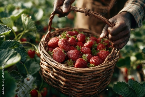 African descent person holding a wicker basket filled with fresh ripe strawberries in a strawberry field outdoors