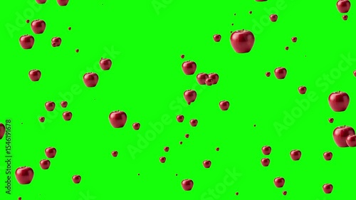 Red apples falling and raining down against a green screen background, perfect for chroma key compositing, abstract fruit animation video element.