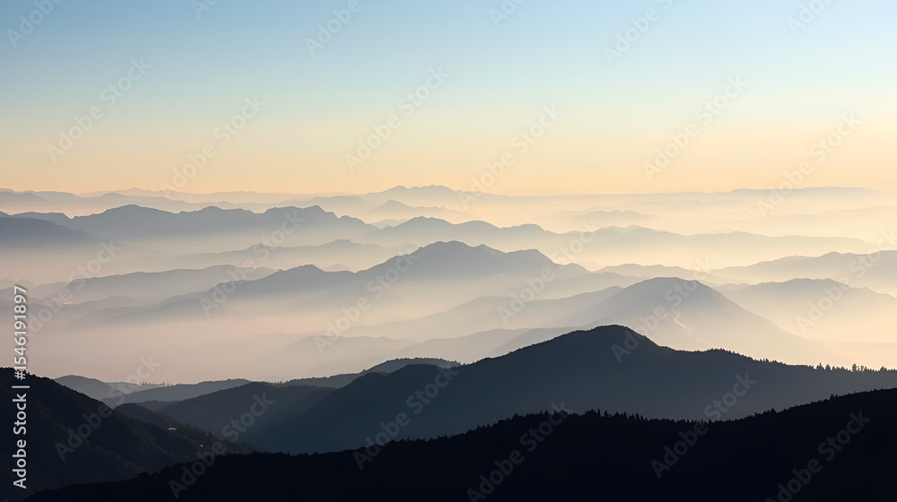 Obraz premium Vector illustration of mountains, ridge in the morning haze, panoramic view