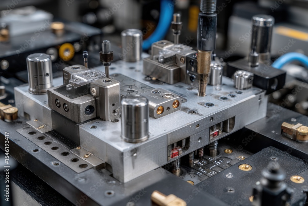Fototapeta premium Complex automated manufacturing assembly machine utilizing several moving parts for precision placement and construction of components