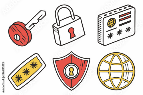 Security icons featuring key lock password and shield isolated on white