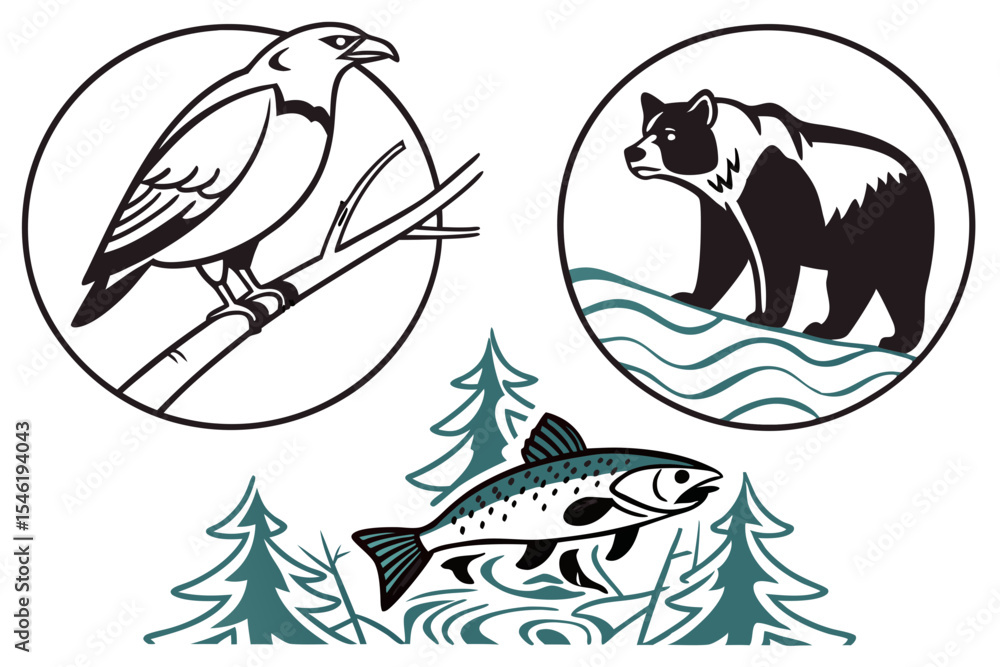 Fototapeta premium Raven bear and fish illustrations isolated on white background