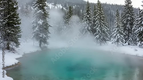 Serene hot spring surrounded by snow-covered pine trees in a tranquil winter landscape