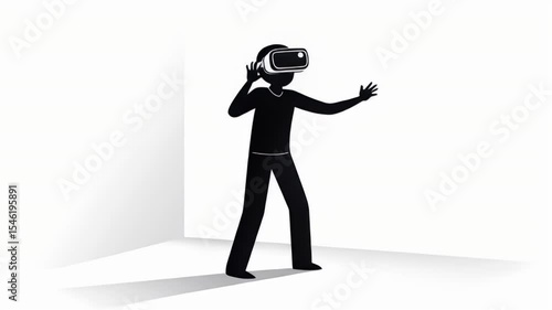 Stickman Immersed In Virtual Reality with Black VR Headset Against Clean White Background Perfect for Modern Technology Concept
