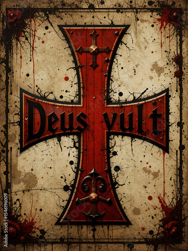 Deus vult. A Christian motto relating to Divine providence. It was first chanted by Catholics during the First Crusade in 1096. Grunge templar red cross. Knights crusader symbol. Vector illustration.