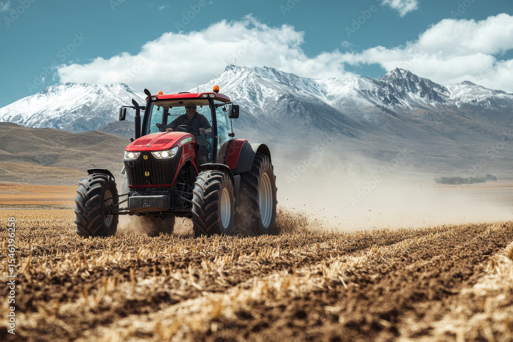 Obraz premium Tractor plows Andes field.