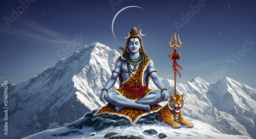 Serene Lord Shiva meditates atop snow-capped mountains, his tiger companion at his side, under a crescent moon.