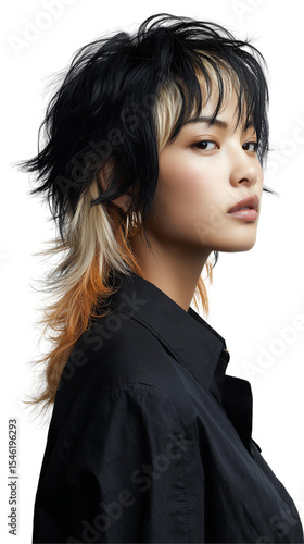Peach blonde highlights black hair in edgy mullet cut, peach blonde highlights black fashion-forward mullet on white, peach blonde highlights black hair isolated modern style. PNG die-cut