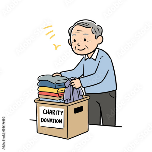 Elderly man donating clothes and smiling at charity donation box  