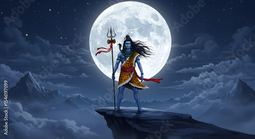 Lord Shiva, Hindu deity, stands majestically on a clifftop, silhouetted against a massive full moon and snow-capped mountains under a starlit night sky.