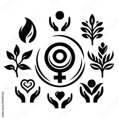 Stylized black and white symbol representing femininity, nature, and empowerment