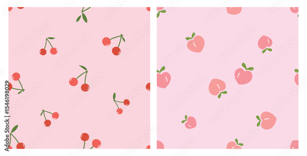 Seamless patterns of cherry fruit and peach apricot with green leaves on pink backgrounds vector. Cute fruit print. Seamless patterns of cherry fruit and peach apricot with green leaves on pink backgrounds vector. Cute fruit print.