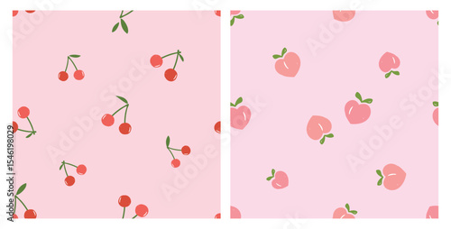 Seamless patterns of cherry fruit and peach apricot with green leaves on pink backgrounds vector. Cute fruit print.