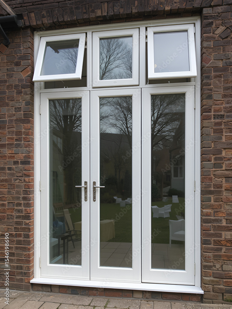 Fototapeta premium Windows with opened casements. White plastic triple doors window isolated.