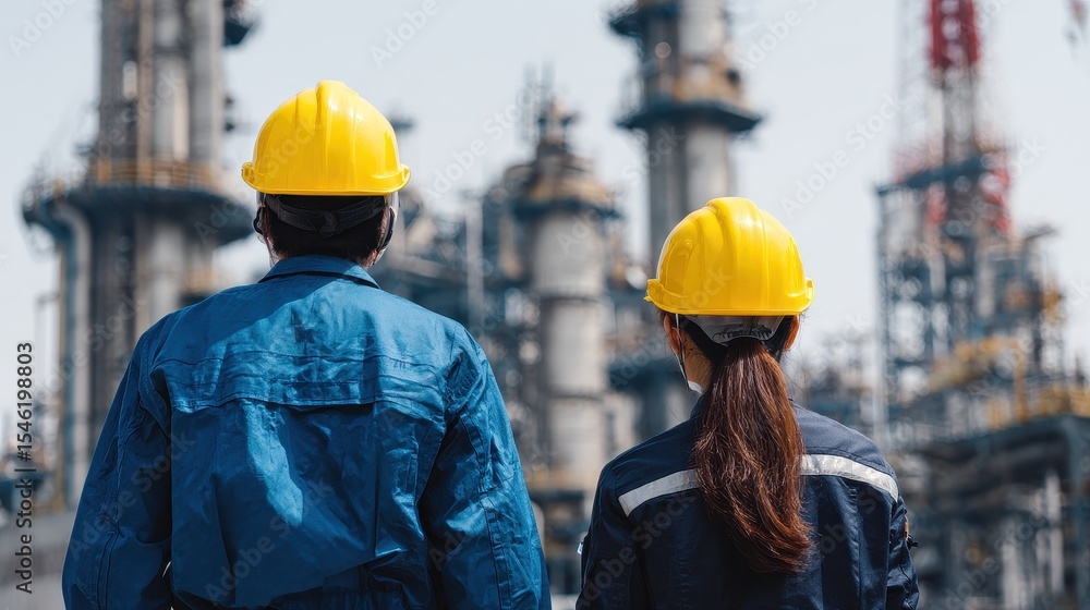 Engineer men,women standing back to control work, oil refinery. Engineer men,women standing back to control work, oil refinery.