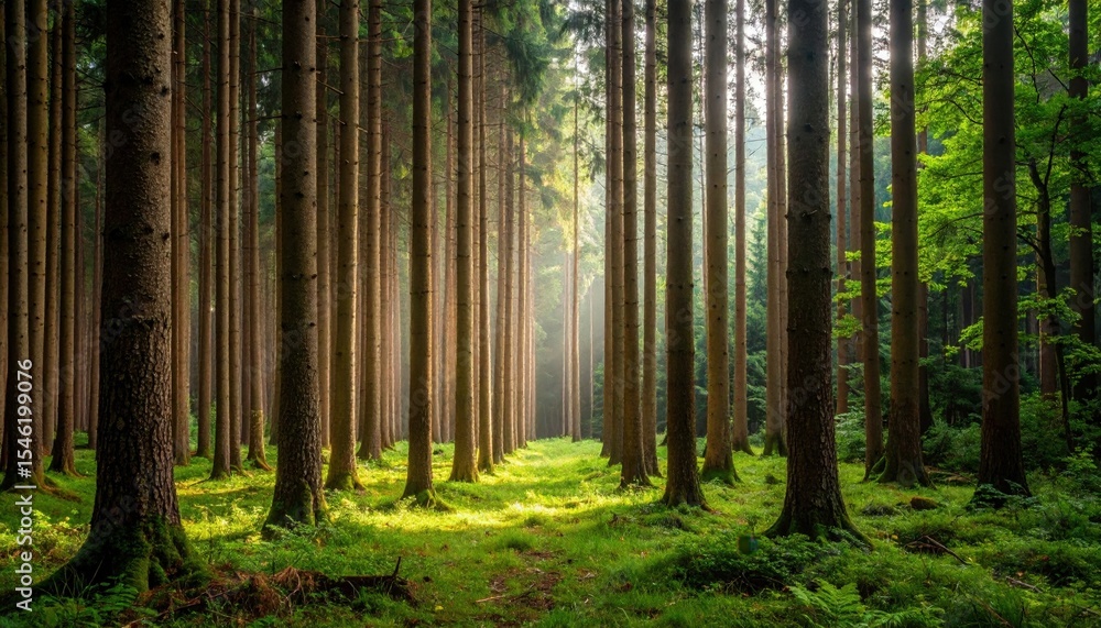 Obraz premium Sunlit Path Through Tall Pine Trees In Forest