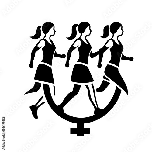 Stylized black and white logo of running women representing teamwork and athletics