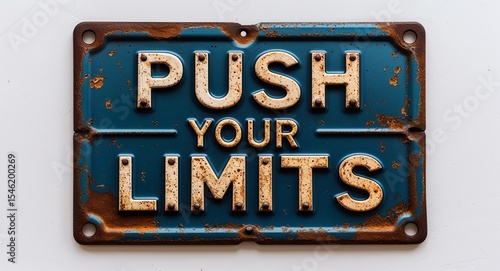 push your limits lettering on antique rugged rusty metal sign on plain white background motivation inspiration quote saying