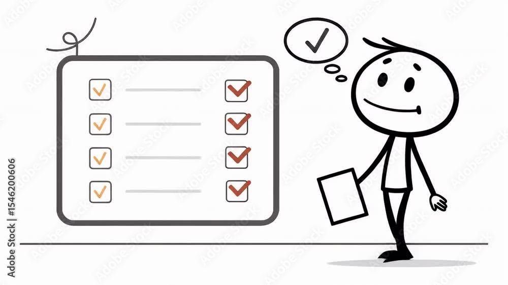 Stickman Reviewing a Completed Checklist with Orange and Red Marks on White Background Stickman Reviewing a Completed Checklist with Orange and Red Marks on White Background