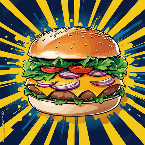 Colorful cheeseburger with vegetables on burst background  