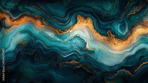 Abstract teal and gold marbled design