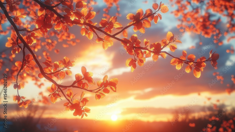 Golden Sunset Through Autumnal Leaves on Tree Branches with Warm Lighting Golden Sunset Through Autumnal Leaves on Tree Branches with Warm Lighting