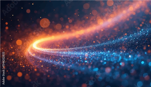 abstract  A captivating display of vibrant blue and fiery orange light streams intertwining in a graceful arc, adorned with shimmering, ethereal particles creating a mesmerizing bokeh effect