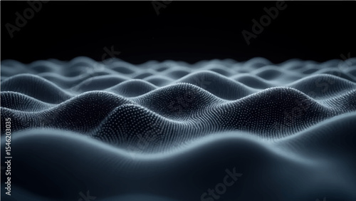 abstract 3D scene on a black background with data, wavy white dots, and a hint of the future.