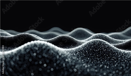 On a dark background, an abstract 3D scene features data, wavy white dots, and a hint of the future.