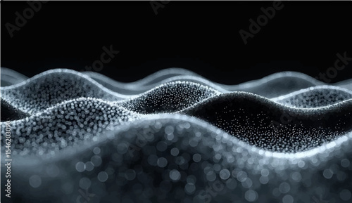 abstract 3D scene on a black background featuring data, wavy white dots, and a hint of the future.