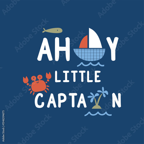 tee print design for kids fashion with cute mariner objects drawing as vector