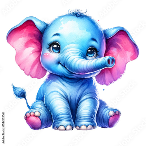 Sweet Elephant's Smile: A charming illustration of a baby elephant radiating joy, the delightful character designed to melt hearts with its cute, cartoon-style features.