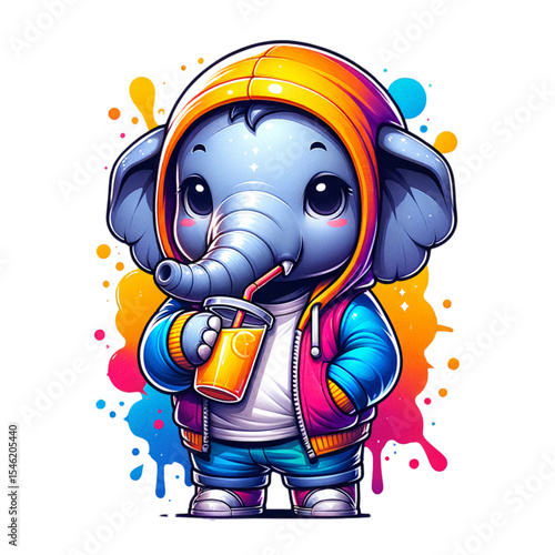 Happy Elephant with Juice: A joyful, cartoonish elephant in colorful attire with a refreshing juice. perfect for adding a touch of whimsy.