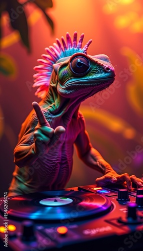 chameleon dj with led mohawk, one thumb up while scratching vinyl, glowing jungle background, digital painting, shallow dof � neon lizard dj artwork for nightlife branding
