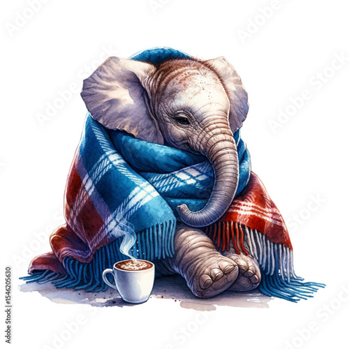 Cozy Elephant: An adorable baby elephant, swaddled in a warm blanket and sipping from a steaming cup. The illustration captures a sense of comfort and peacefulness.
