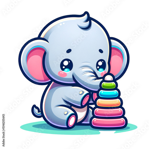 Playful Elephant: A charming, animated elephant cub, with large, expressive eyes, is captivated by a colorful stacking toy, exuding innocence and childlike wonder. 