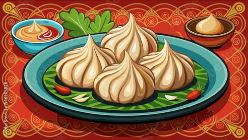 Traditional Georgian khinkali dumplings on a green leaf plate with garlic, chili and sauces on a decorative red background