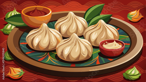 Georgian khinkali dumplings on a colorful plate with dipping sauces and decorative elements on a red background