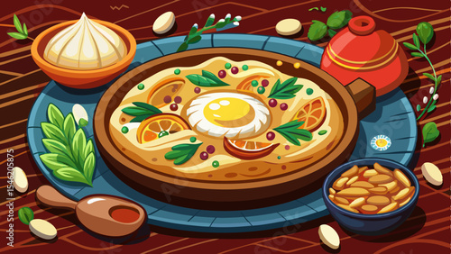 Traditional khachapuri with egg and orange slices served on a rustic plate with herbs, nuts, dumpling and sauce on a wooden background